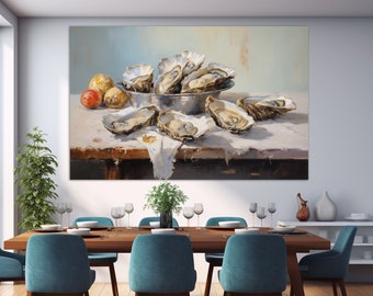 Impresión en lienzo de ostras, arte mural de mariscos, decoración de pared de cocina, decoración de pared de restaurante de mariscos, impresión de ostras