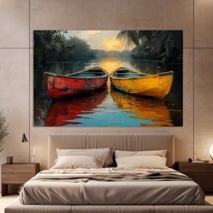 Stampa su tela di vecchie barche sul lago tropicale, pittura di kayak, poster di paesaggi tropicali panoramici, regalo per pescatori, arte della parete di barche, arte della parete di viaggio