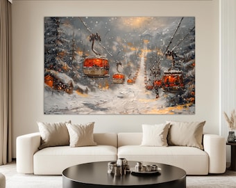 Impresión en lienzo de telesilla de estilo retro, decoración de pared de invierno