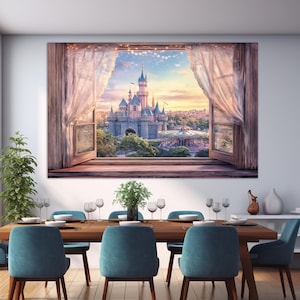 Window to Fairytale Castle Canvas Print, Open Window Wall Art, Princess Castle Painting, Castle Wall Art, Girl Room Decor image 9