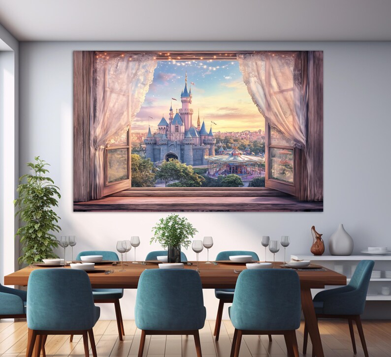 Window to Fairytale Castle Canvas Print, Open Window Wall Art, Princess Castle Painting, Castle Wall Art, Girl Room Decor image 9