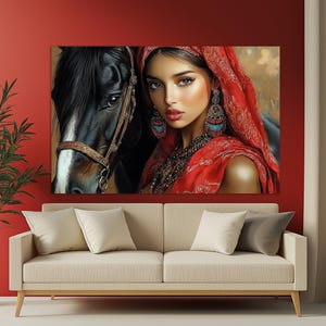 Beautiful Arab Woman with Black Horse Canvas Print, Oriental Painting, Arabian Wall Art, Oriental Woman Poster