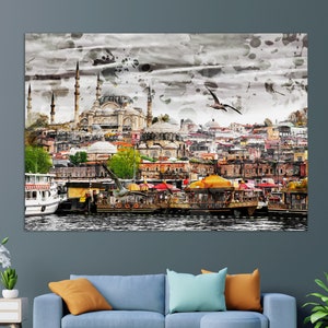 May include: A watercolor painting of a cityscape with a mosque in the background and boats in the foreground. The sky is cloudy and there are birds flying overhead.