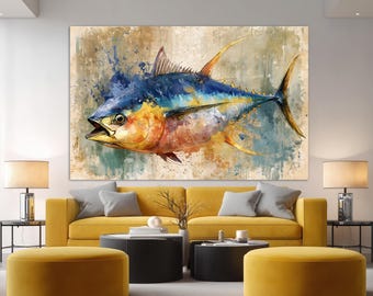 Tuna Fish Canvas Print, Tuna Painting, Beach House Wall Decor, Fisherman Gift