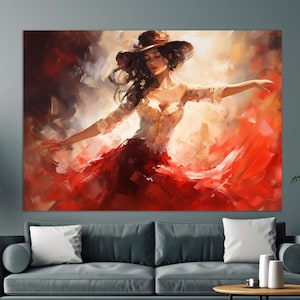 Beautiful Dancing Woman Canvas Print, Dancing Painting, Dancing Wall Art, Red Dress Flamenco Dancing Girl Painting, Dancing Studio Decor