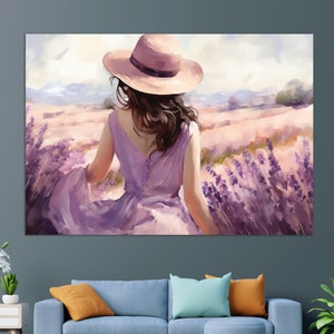 Lady in Lavender Field Painting, Romantic Canvas Print, Lavender Field Wall Art, Nature Wall Art