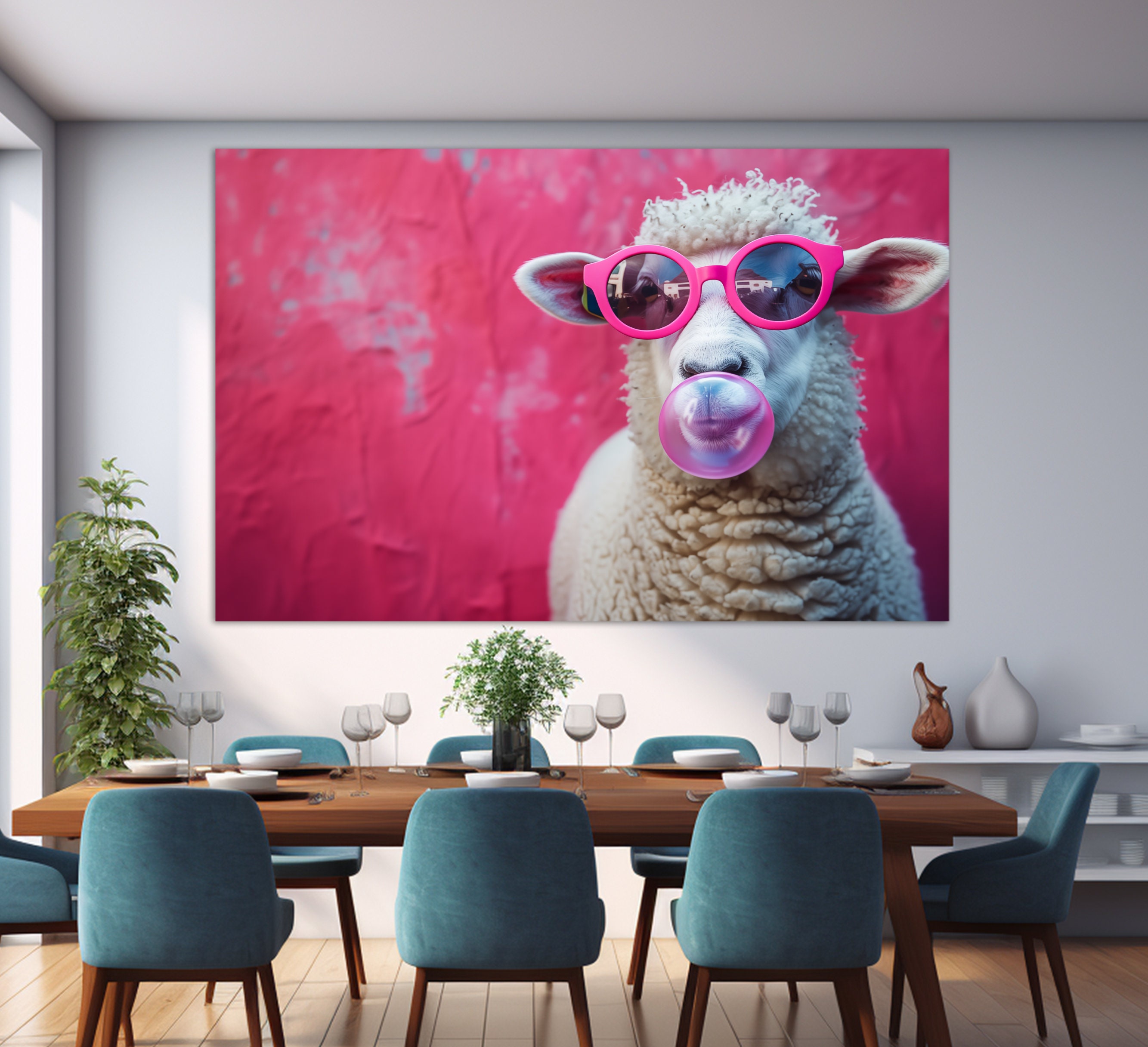 Sheep in Pink Sunglasses Blowing Bubble Gum Canvas Print, Funny