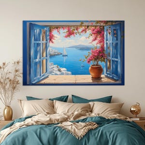 Puede incluir: Una pintura de una ventana con vista a un océano azul y un velero. La ventana está abierta y hay flores rosas en una maceta en el alféizar de la ventana.