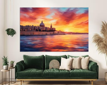 Valletta Scenic Sunset Painting, Valletta Canvas Print, Malta Wall Art, Malta Wall Decor