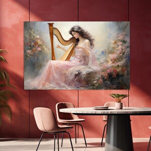 Beautiful Girl Playing the Harp Painting Canvas PRINT, Harp Wall Art, Abstract Harp Painting, Harpist Gift