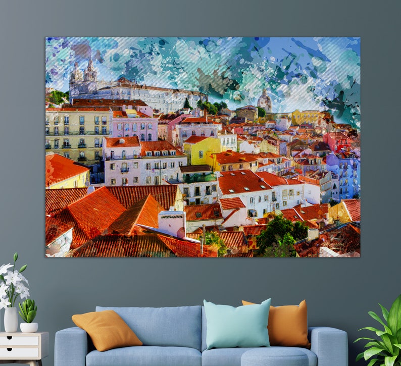 May include: A watercolor painting of a cityscape with colorful buildings and red tile roofs. The painting has a blue and white background with splashes of color.