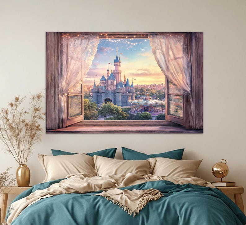 May include: A framed canvas print depicts a fairytale castle scene viewed through an open window with sheer curtains. The castle is gray with blue turrets, set against a sunset sky. The window frame is brown.