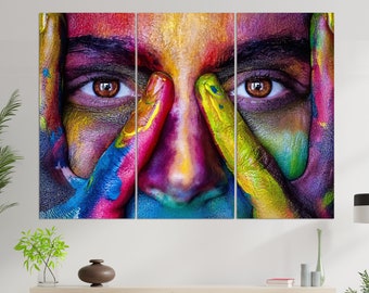 Body Paint Wall Art, Colorful Woman Face Canvas Print, Faces Wall Art, Woman Painting, Modern Decor