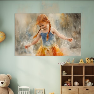 Glückliches kleines Mädchen mit roten Haaren und Zöpfen Gemälde Leinwanddruck, Glück Wandkunst, Kinderzimmer Dekor, tanzen Poster