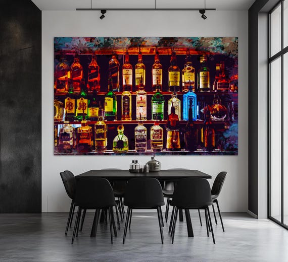 Alcohol Wall Art, Bottles with Alcohol Drinks Canvas Print, Alcohol Painting, Kitchen Wall Decor, Pub Wall Art, Restaurant Print