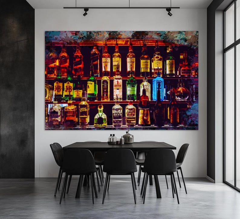 Alcohol Wall Art, Bottles with Alcohol Drinks Canvas Print, Alcohol Painting, Kitchen Wall Decor, Pub Wall Art, Restaurant Print image 1