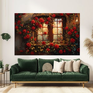 Ventana escénica con impresión de lienzo de rosas, pared de fantasía con cartel de flores, arte floral de la pared, arte de lienzo de rosas, decoración de pared rústica, impresión de rosas