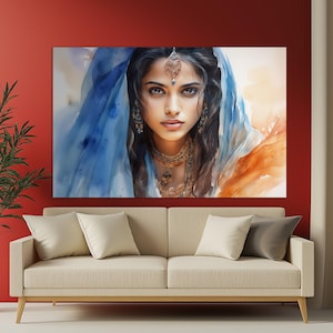 Beautiful Indian Girl Portrait Painting, Indian Woman Canvas Print, Indian Canvas Art, Indian Wall Decor