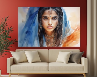 Beautiful Indian Girl Portrait Painting, Indian Woman Canvas Print, Indian Canvas Art, Indian Wall Decor