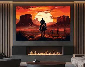 Cowboy on a Horse Canvas Print, Old West Painting, Wild West Wall Art, Cowboy Gift