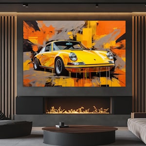 Arte de parede Porsche, impressão em tela abstrata Porsche 911, arte em tela Porsche, pintura amarela Porsche 911, presente para fãs Porsche