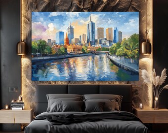 May include: A painting of a city skyline with a river in the foreground. The buildings are painted in a variety of colors, including blue, green, and orange. The river is a deep blue and reflects the buildings and sky. The painting is done in a painterly style, with visible brushstrokes.