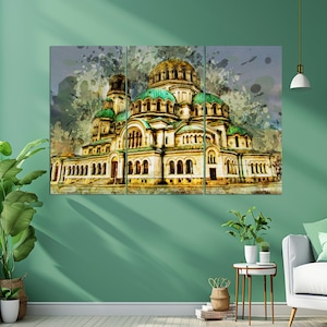 May include: A watercolor painting of a large, ornate church with green domes and yellow walls. The church is set against a light blue sky with white clouds. The painting is divided into three sections.