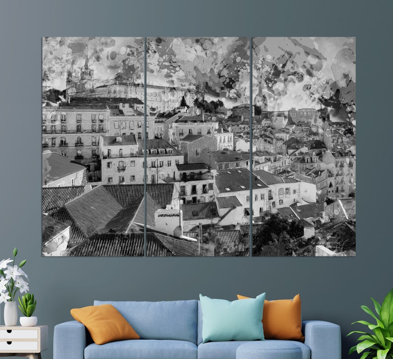 May include: A black and white watercolor painting of a cityscape with buildings and rooftops. The painting has a textured, abstract look.