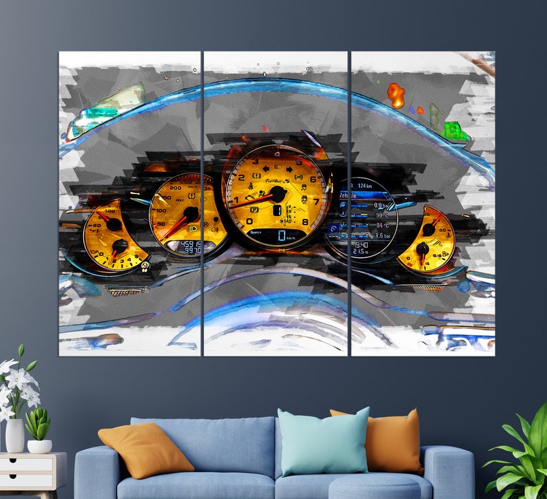 May include: A close-up of a car's dashboard with a speedometer, tachometer, and other gauges. The gauges are yellow and black with a white background. The dashboard is gray and has a blue and white abstract design.
