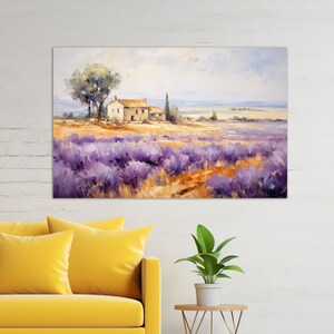 May include: A painting depicting a small cottage nestled in a field of lavender. The cottage is white with a brown roof and is surrounded by a field of purple lavender flowers. The sky is blue with clouds in the distance.