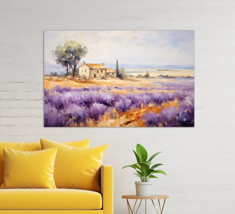 May include: A painting depicting a small cottage nestled in a field of lavender. The cottage is white with a brown roof and is surrounded by a field of purple lavender flowers. The sky is blue with clouds in the distance.