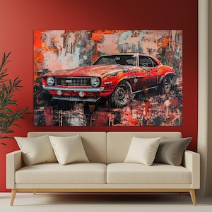Canvasafdruk Chevrolet Camaro, schilderij retro Chevrolet Camaro, vintage sportwagens kunst aan de muur, schilderij rode Camaro, canvas retro Camaro