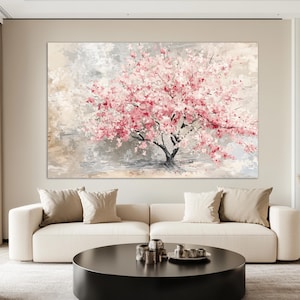 Pode incluir: Grande impressão artística em tela de uma cerejeira em flor. A obra apresenta uma vibrante paleta de cores rosa e branco, com um estilo texturizado e pictórico. O tronco escuro e os galhos da árvore contrastam com o fundo suave.
