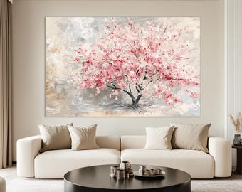 Sakura Tree Blossom Oil Painting Canvas PRINT, Pink Blossom Painting, Floral Canvas Print, Sakura Wall Art, Japanese Wall Decor, Sakura Art