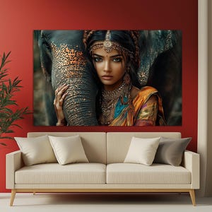 Beautiful Indian Girl with Elephant Painting, Indian Woman Canvas Print, Indian Wall Art, Indian Wall Decor, Indian Woman Poster