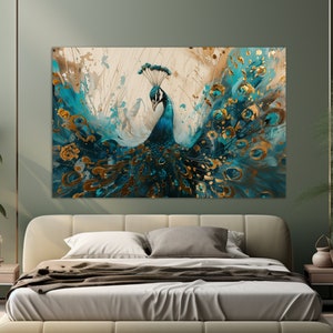 Stunning Peacock Painting Canvas Print, Large Peacock Wall Art, Modern Colorful Wall Decor, Framed and Ready to Hang