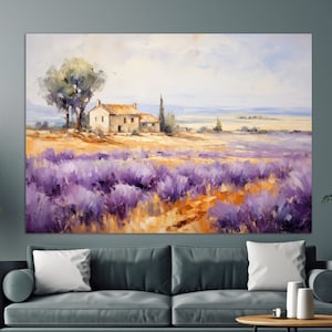 May include: A painting depicting a small stone cottage set against a backdrop of a lavender field. The cottage is surrounded by trees and a blue sky with white clouds.