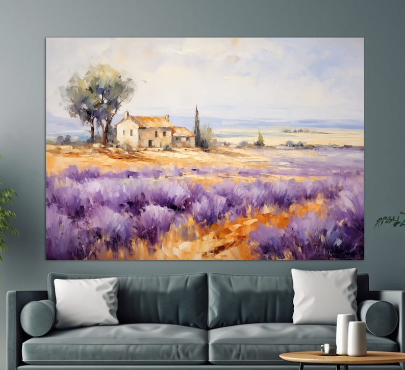 May include: A painting depicting a small stone cottage set against a backdrop of a lavender field. The cottage is surrounded by trees and a blue sky with white clouds.