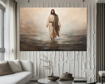Impresión en lienzo de Jesucristo caminando sobre el agua, pintura de Jesucristo, arte mural religioso, pintura cristiana