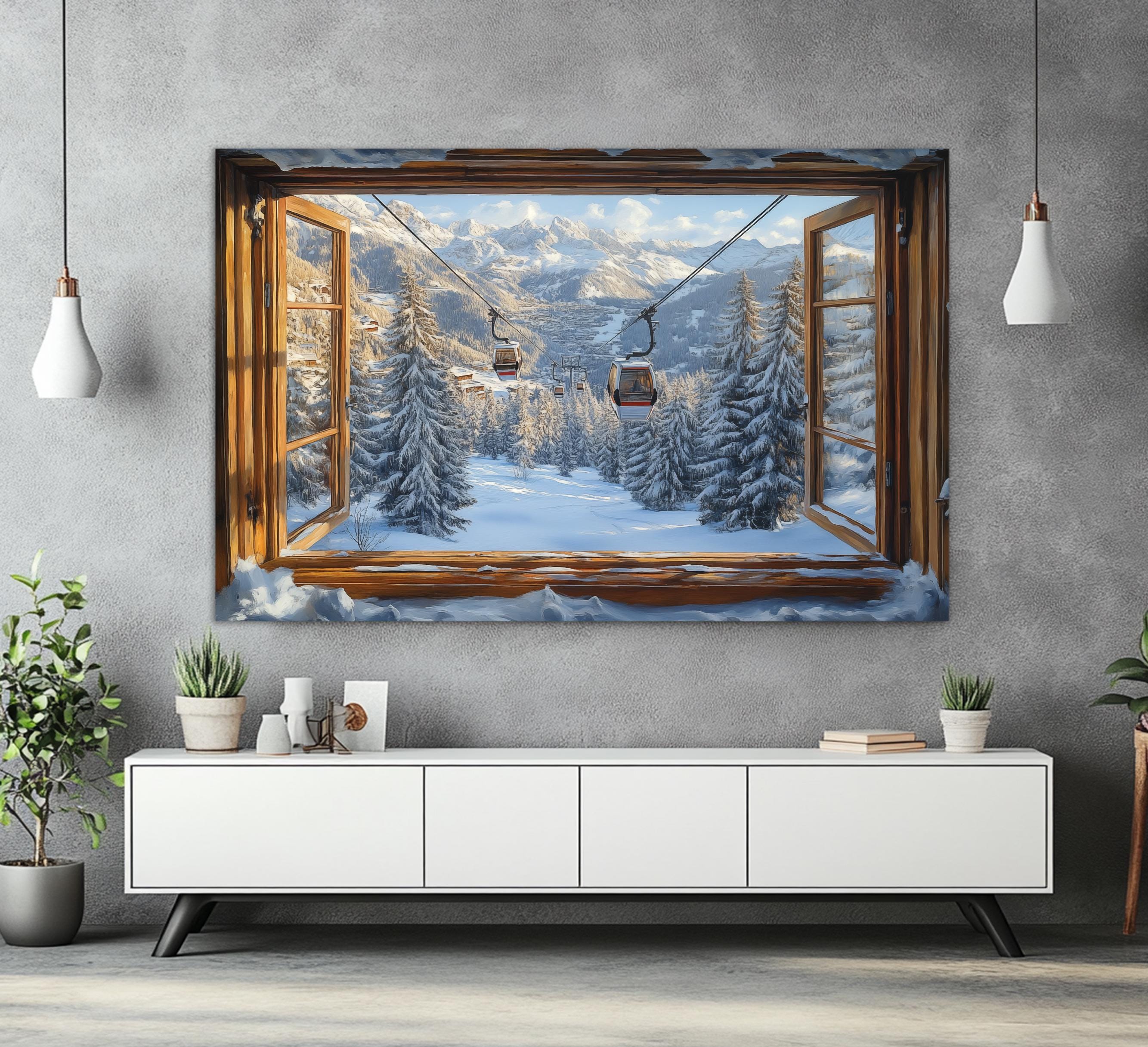 Window to Winter Landscape with Ski Lift in Snowy Forest Canvas Print, Open Window Wall Art, Scenic Ski Lift Painting, Ski Resort Wall Decor