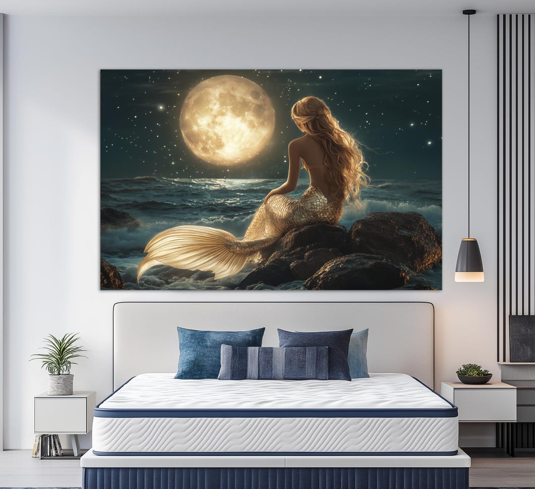 Beautiful Mermaid With Golden Hair by the Sea Canvas Print, Full Moon ...