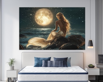 Beautiful Mermaid with Golden Hair by the Sea Canvas Print, Full Moon over Sea Landscape, Mermaid Canvas Print, Mermaid Painting Print