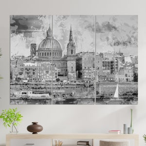 Puede incluir: Una pintura de acuarela en blanco y negro de una ciudad con una gran iglesia con c&uacute;pula en el centro. La pintura tiene un fondo texturizado y abstracto.