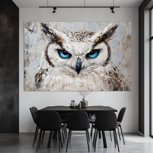 Owl with Blue Eyes Canvas Print, Abstract Owl Wall Art, Owl Portrait Painting, Owl Canvas Art