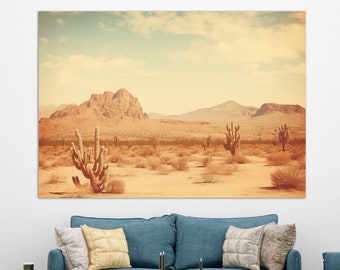 Arizona Desert Retro Canvas Print, Vintage Arizona Wall Art, Arizona Painting, Sonoran Desert Wall Art