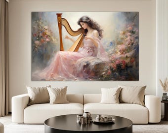 Harp Wall Art, Woman Playing Harp Canvas Print, Classical Music