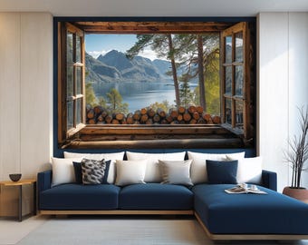 Open Window with Mountain Lake View Canvas Print, Modern Wall Art, Faux Window Canvas Art, Scenic Lake View Canvas Print