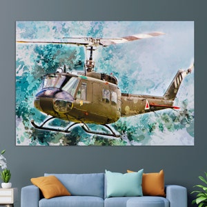 Bell UH-1 Irokesen Leinwanddruck, Militär Hubschrauber Wandkunst, Flugzeuge Wandkunst, Pilot Geschenk