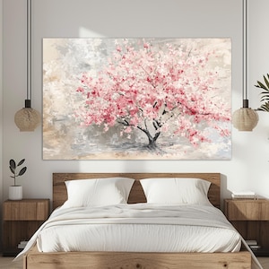 Pintura a óleo em tela de flor de cerejeira, pintura em tela de flor rosa, impressão em tela floral, arte de parede de cerejeira, decoração de parede japonesa, arte de cerejeira