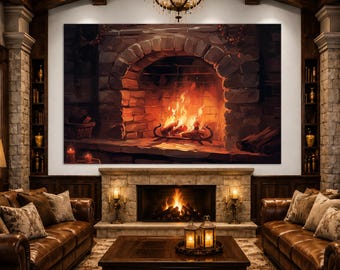 Vintage Fireplace Painting Canvas Print, Vintage Fireplace Print, Housewarming Gift